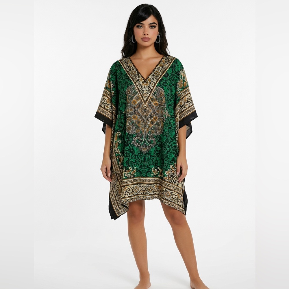 Santé Classics Boho Green Paisley V-Neck Kaftan Poncho Top One Size